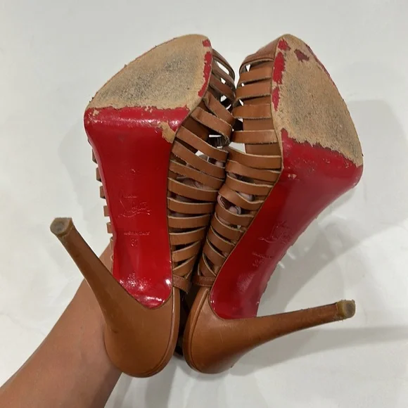 Christian LouboutinTan Leather Cut Out Peep Toe Platform Slingback Sandals